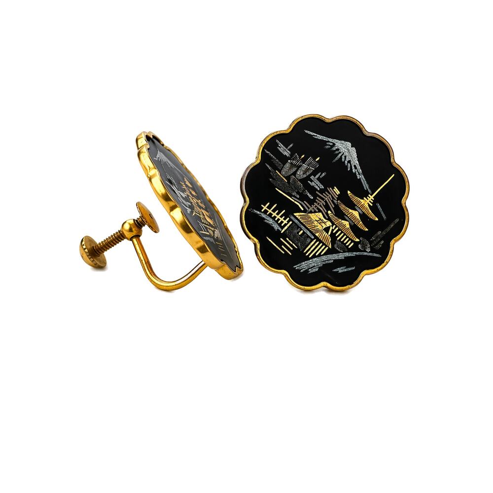 Amita Japan Damascene Screw Back Earrings Scenic Inlay Gold Tone 60s 70s